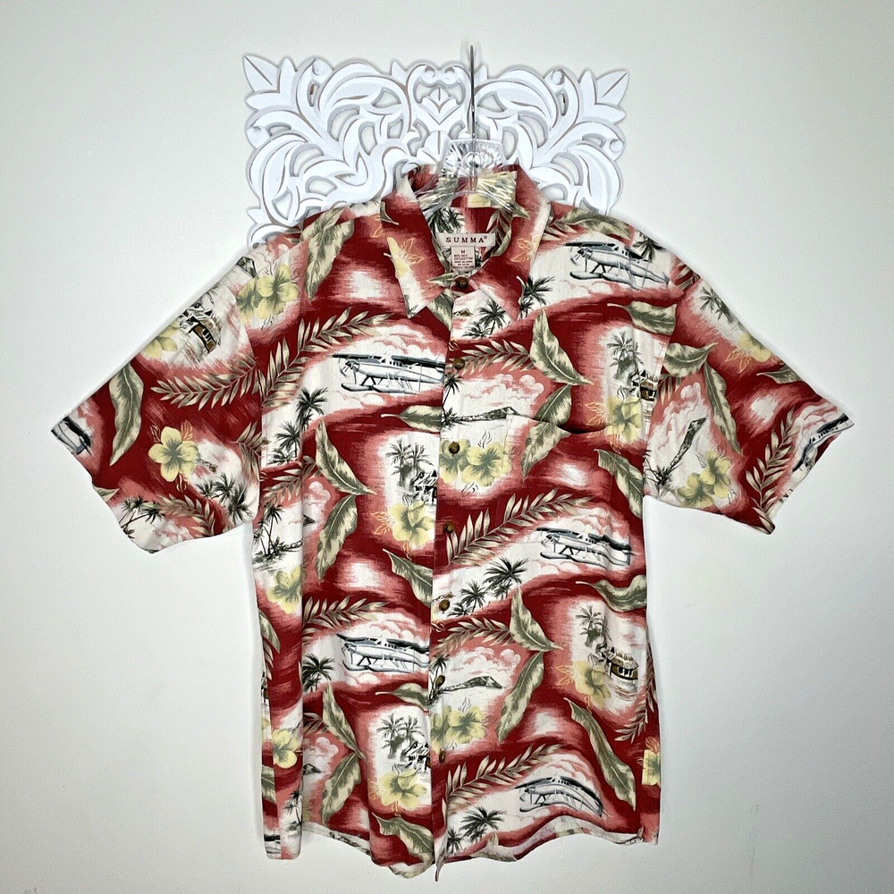 SUMMA Men's size Medium Short Sleeve Button Up Hawaiian Shirt Silk Cotton Blend